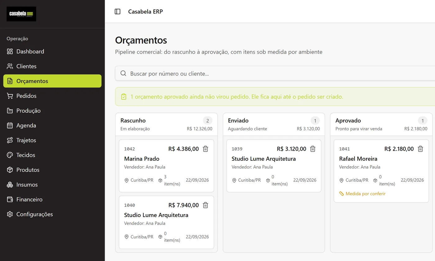 Tela de orçamentos do sistema da Casabela